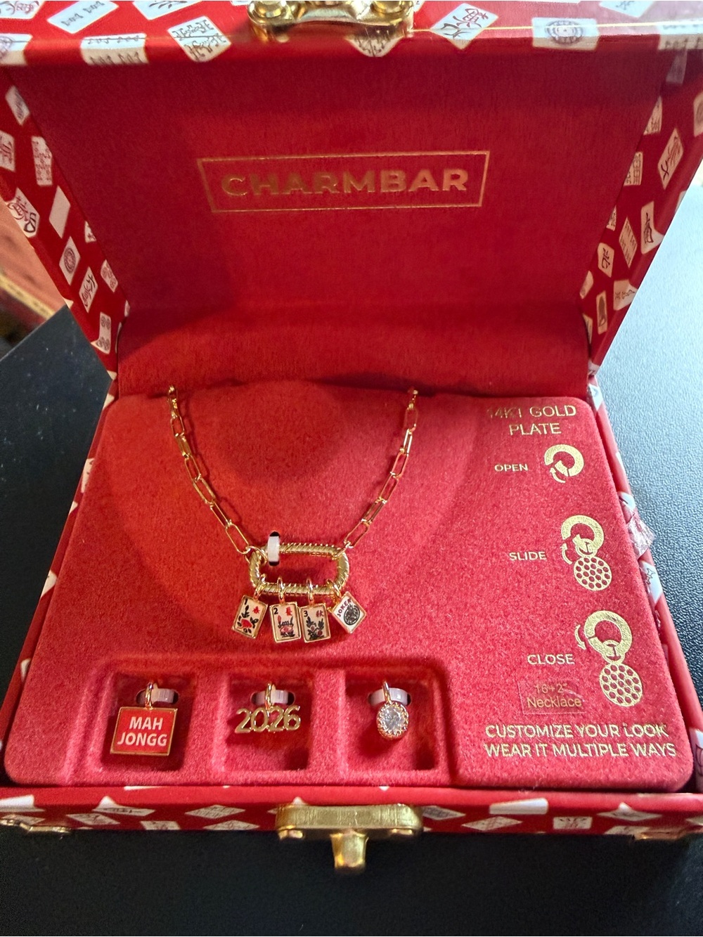 New Charmbar MahJongg GoldTone 7 Charm Necklace Bar Link Customized Gift Box Red